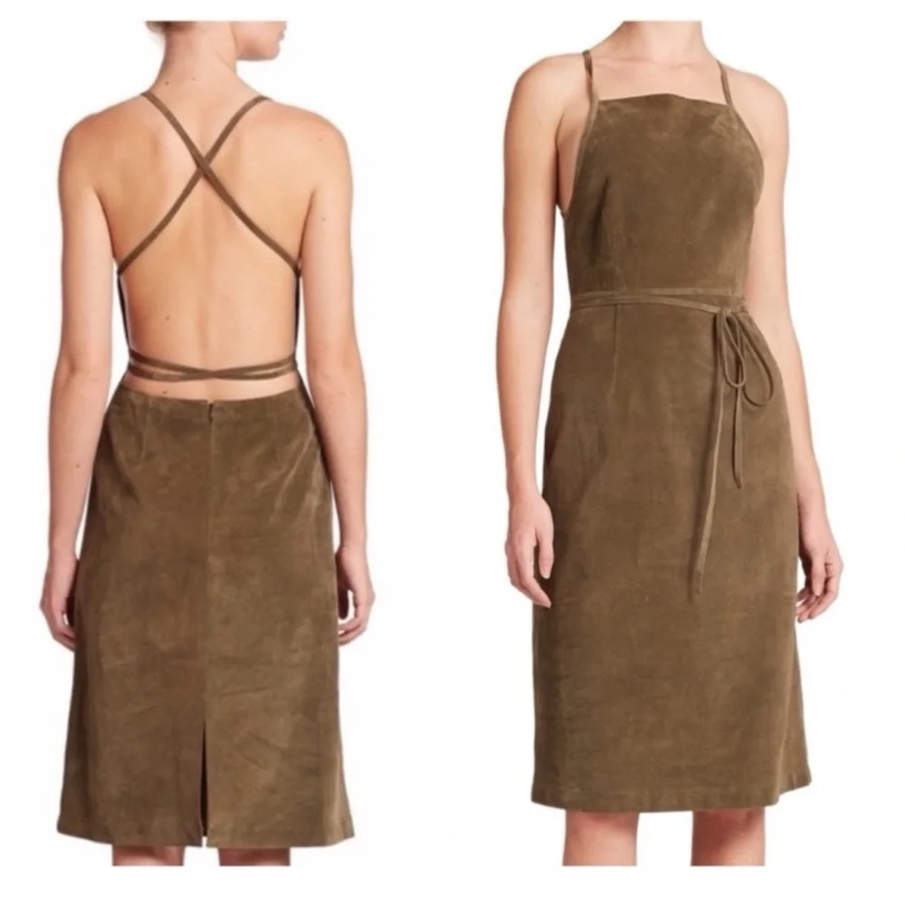 NWT Theory Lilita Suede Backless Halter Midi Dress Khaki Green Sz 4 - Picture 5 of 16